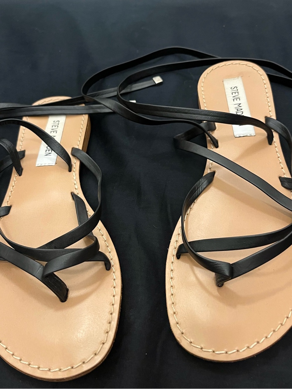 Steve Madden Black Wrap-Around Strappy Sandals with Tan Footbed